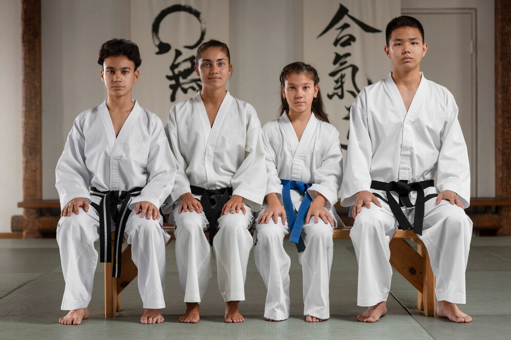 Jeunes pratiquants découvrant un art martial dans un dojo, en tenue traditionnelle, illustrant l'esprit de discipline et de respect.