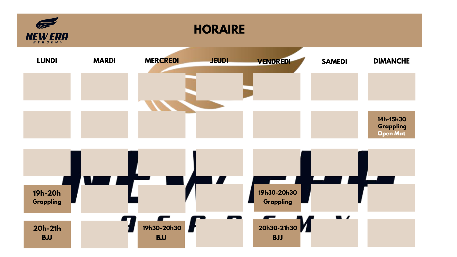Horaire de cours à l'académie New Era